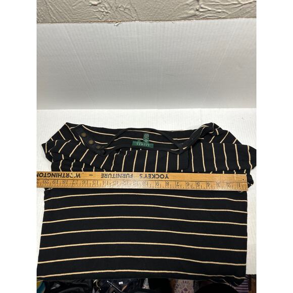Lauren Ralph Lauren Black Gold Striped Button Shoulder Cotton Tee Plus Size 1X - Picture 5 of 5